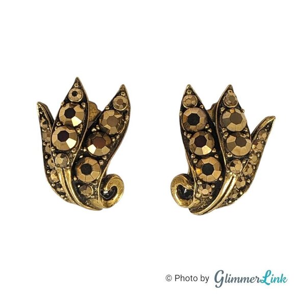 VTG Weiss Aurum Metallic Rhinestones Triple Leaf Bronze Tone Clip On Earrings - Picture 4 of 9